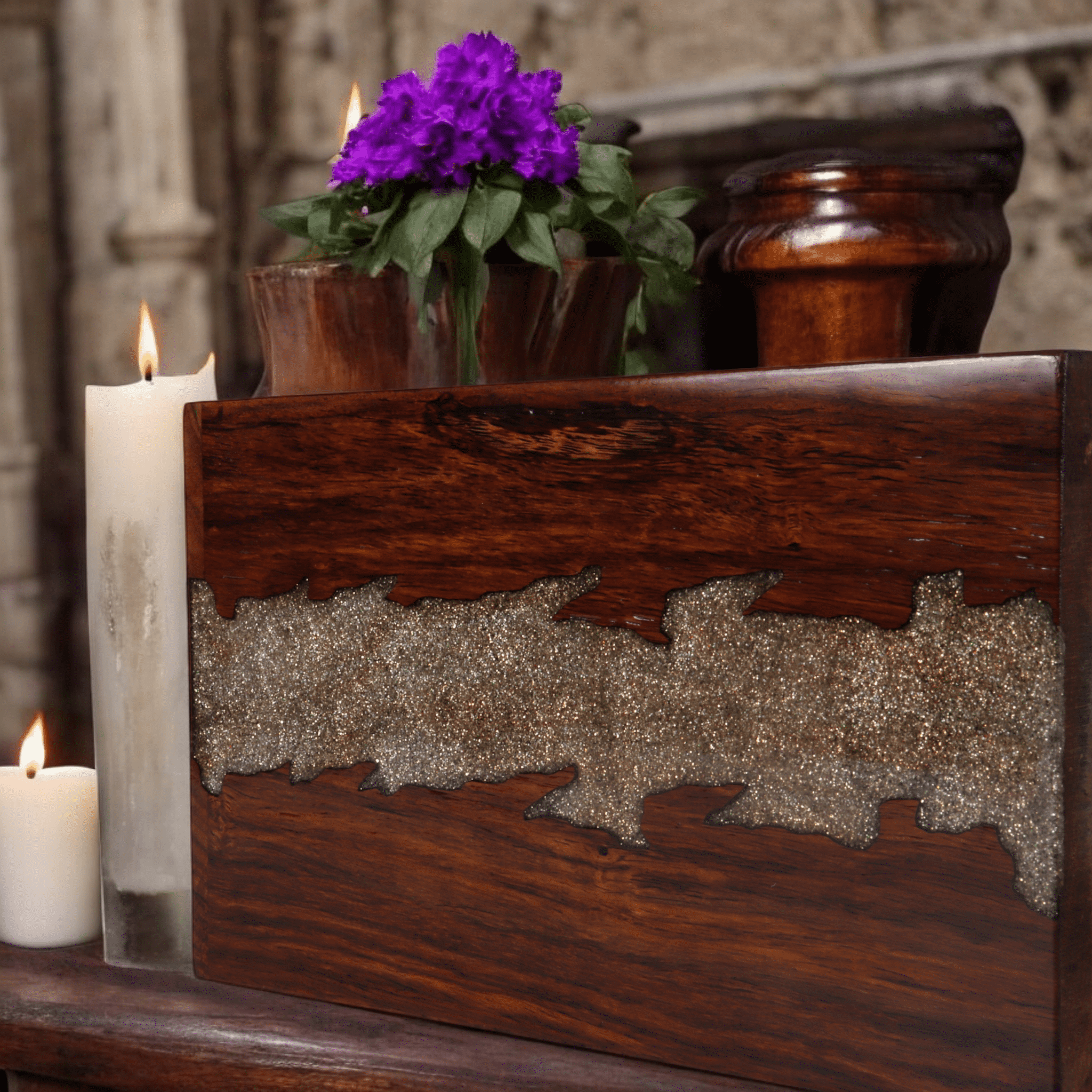 Wooden Cremation Urn for Human and Pet Ashes, Memorial Urn, Burial Urn, Keepsake Urn, Adult Urn with Epoxy Design (Medium)