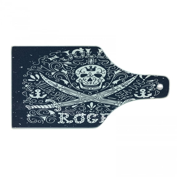 Skull Cutting Board, Pirates Jolly Roger Flag Sailor Crossed Tools Theme in Blue Tones, Decorative Tempered Glass Cutting and Serving Board, in 3 Sizes, by Ambesonne