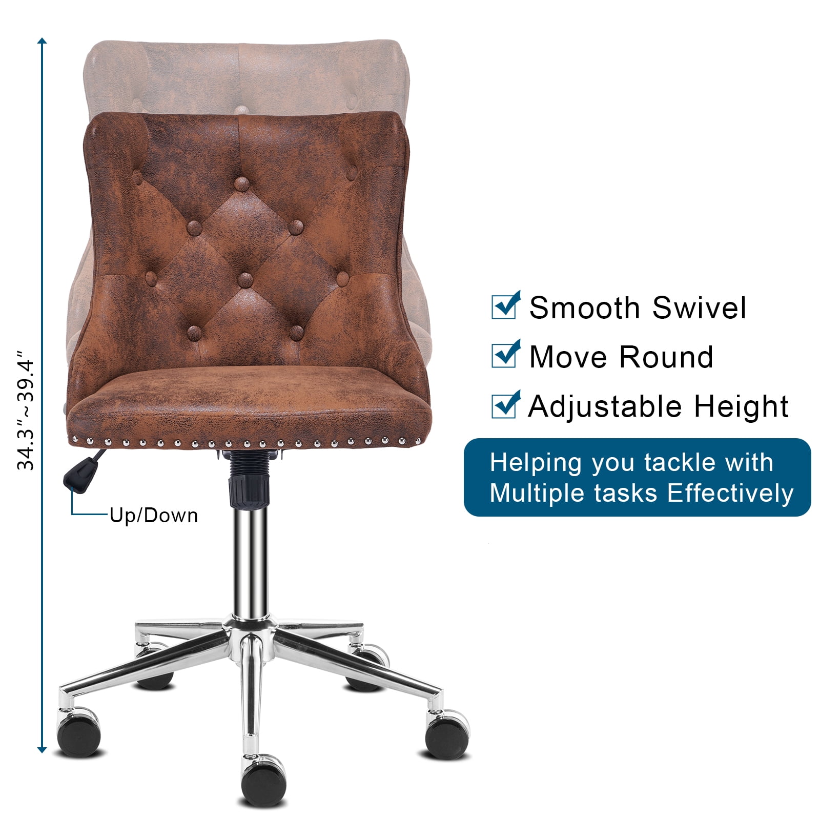 UBesGoo Armless Office Chair Suede Fabric Computer Task Chair Adjustable Swivel Vanity Chair with Ergonomic Backrests and Wheels for Conference and Home Brown & Sliver