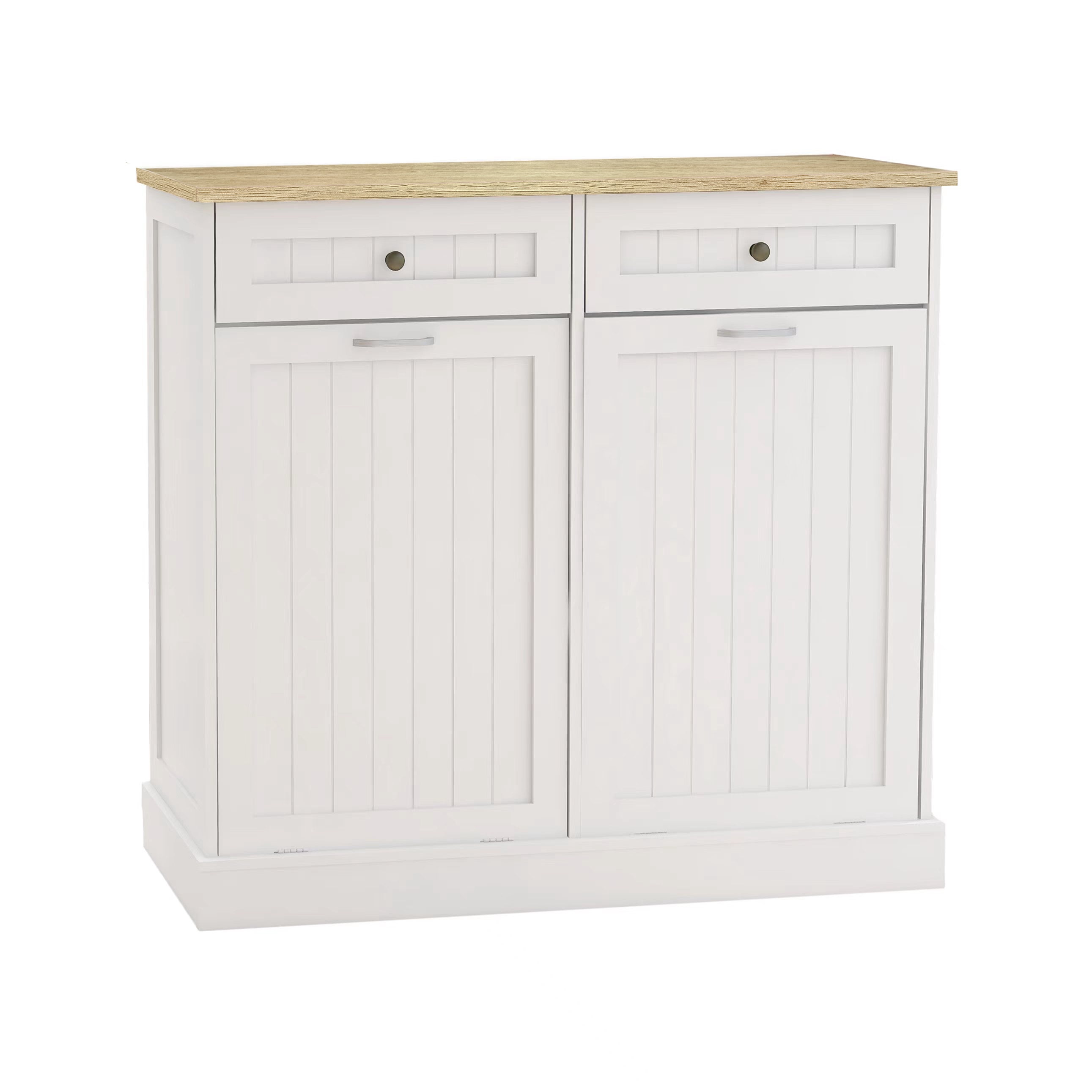 Mintazer Kitchen Trash Cabinet with 2 Tilt‑Out Compartments, Freestanding Storage Sideboard with 2 Drawers & 10‑Gallon Trash Can Holder for Kitchen Dining Room, White