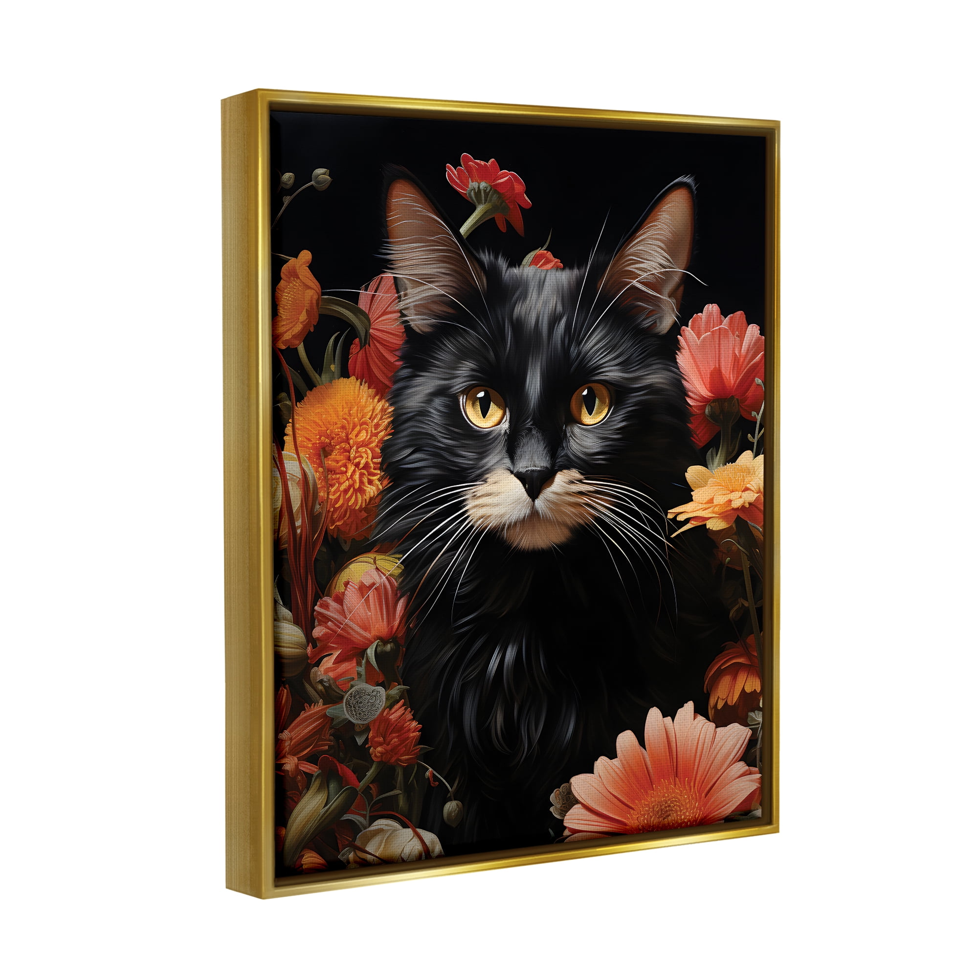 Stupell Industries Cat & Blooming Flowers Animals & Insects Painting Gold Floater Framed Canvas Art Print Wall Art, 17 x 21