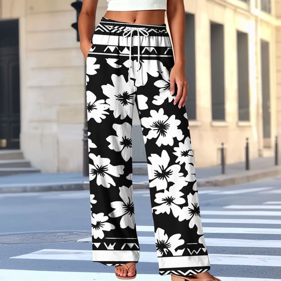 Trikvn Women Casual Pants Boho High Rise Drawstring Elastic Waist Wide Leg Pants with Pockets Flowy Lounge Vacation Fashion Beach Travel Trousers