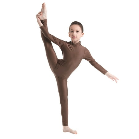 TTAO Kids Girls Gymnastics Unitards Ballet Dance Leotard Long Sleeve One Piece Full Body Bodysuit Dance Wear Brown 9-10