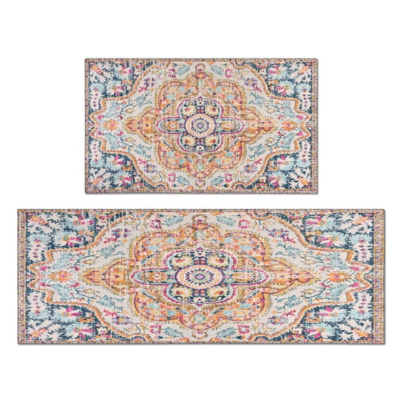 2 Piece Bohemian Light Pink Carpet Rug Kitchen Rug Set, Decor Kitchen Rugs, Absorbent Non-Slip Washable Floor Mats, Home Indoor Runner Rugs 17"x47" 17"x30"