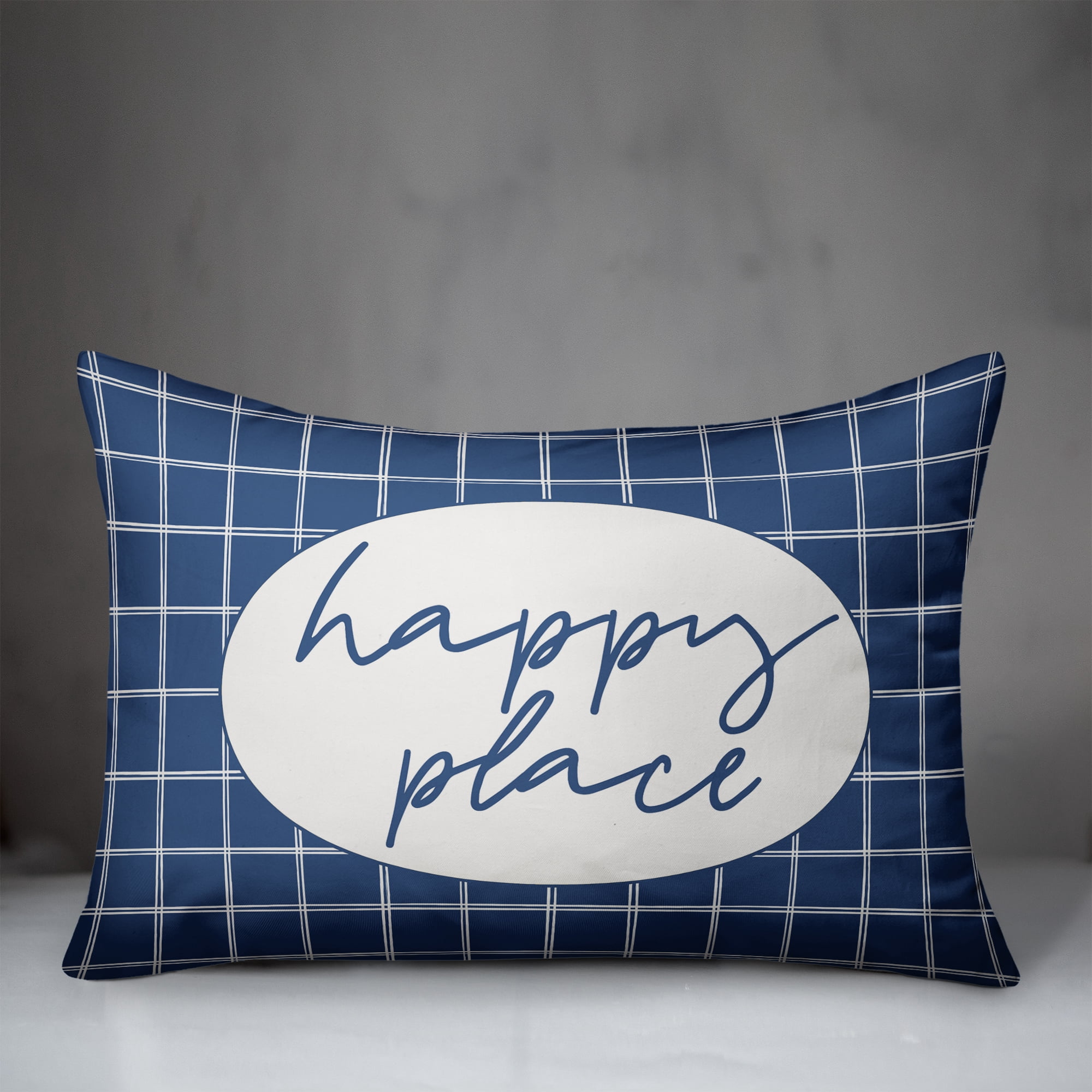 Creative Products Happy Place Blue and White Drawn Plaid 14x20 Indoor / Outdoor Pillow