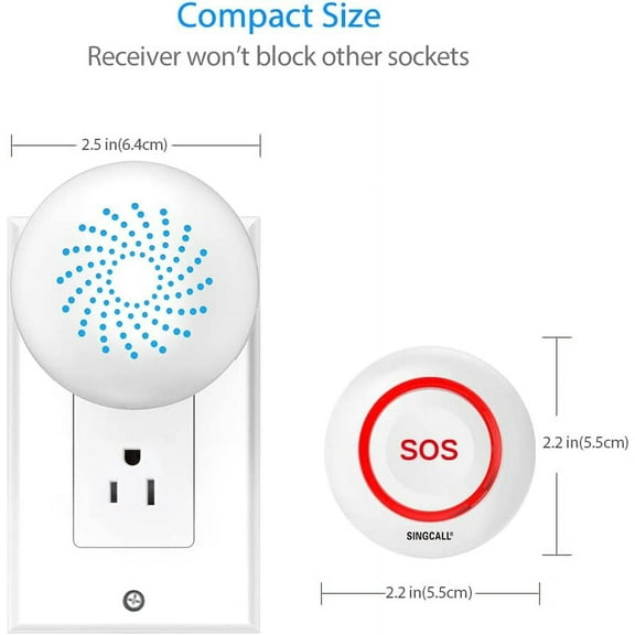 SINGCALL Wireless Caregiver Pager Smart Call System 1 SOS Call Buttons/Transmitters 1 Receivers Nurse Calling Alert Patient Help System for Home/Personal Attention Pager 500 Feet Plugin Receiver