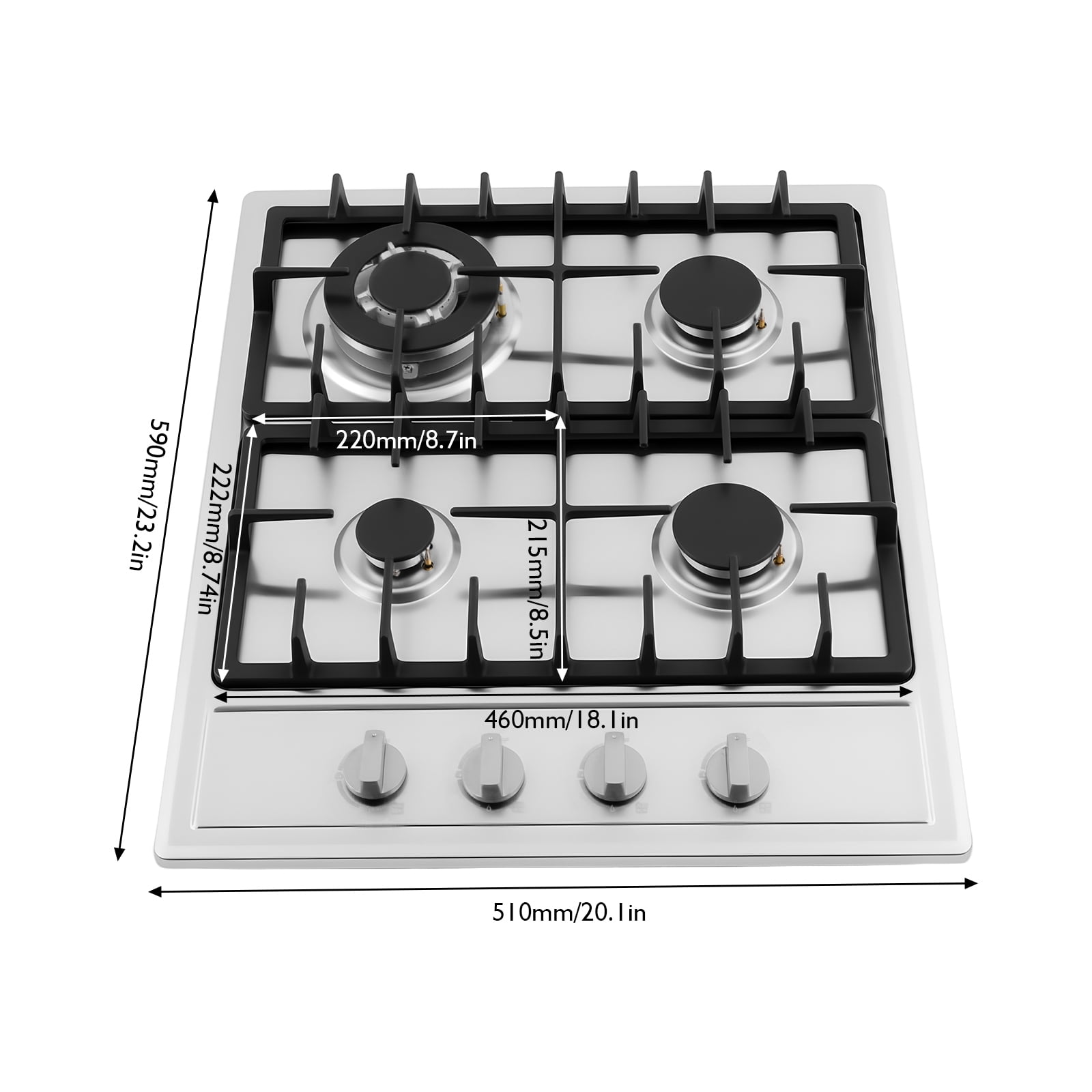 Built-In Gas Cooktop - 4 Burners, Stainless Steel, High-Powered (3KW Rapid Burner, 1.75KW Semi-Rapid, 1KW Auxiliary), Natural Gas/LPG