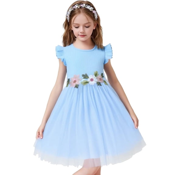 HILEELANG Toddler Little Girls Blue Tulle Dress, Floral Embroidered Flutter Sleeve Summer Party Tutu Dress, 2-8T