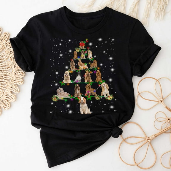 Cocker Spaniel Christmas Tree T-Shirt, Funny Dog Lover Gift, Cocker Spaniel Christmas Lights Shirts, Christmas Shirts for Women Men