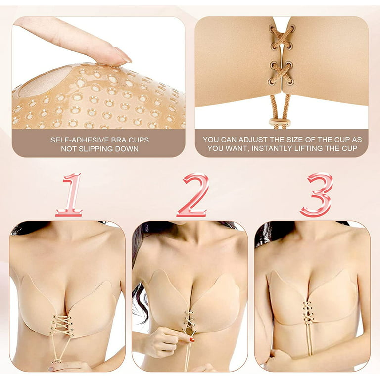 Nude Stick On Backless Strapless Bra Silicone Sticky Push Up Adjust  Drawstring