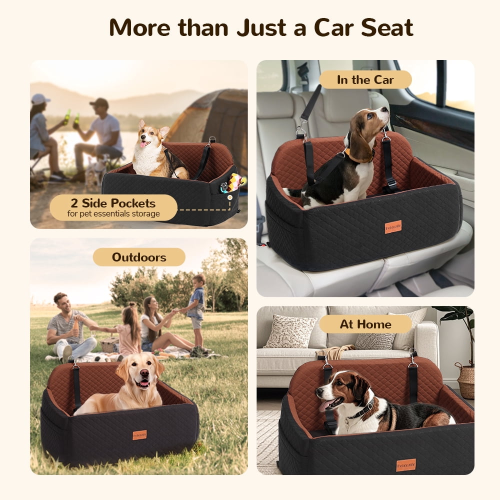 Large Dog Car Seat, DOMIPET Elevated Pet Car Seat for Dogs up to 55kg, Detachable & Washable Car Dog Bed with Storage Pockets