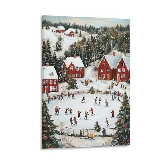 Christmas Wall Art Snowy Winter Wall Decor Painting, Christmas Town Skating Poster Canvas Prints Vintage Snowy Landscape Artwork for Bedroom Living Room
