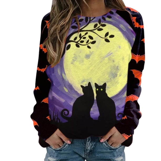 Moda mujer Casual Halloween impreso manga larga cuello redondo sudadera Tops blusa Pompotops FGAJ5968