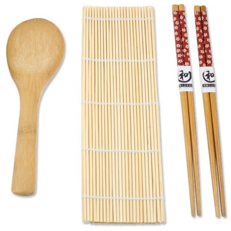 

Natural Brown Bamboo Mat with Rice Paddle with 2 pairs of Chopsticks Sushi Maker Set