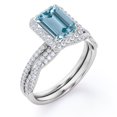 thumbnail image 4 of JeenMata 1.5 Carat Emerald Cut Created Aquamarine and Moissanite - 4 Prong Halo Set - Twisted Pave Wedding Ring Set - 18K White Gold Plating over Silver, 4 of 6