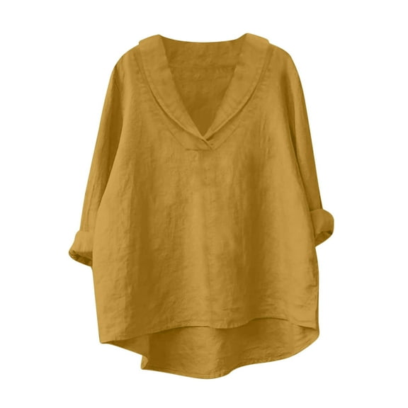 Plus Size Linen Shirts for Women Long Sleeve Solid Color Fall Tops Shawl Collar V Neck Casual Lightweight Tshirts (XL, Yellow)