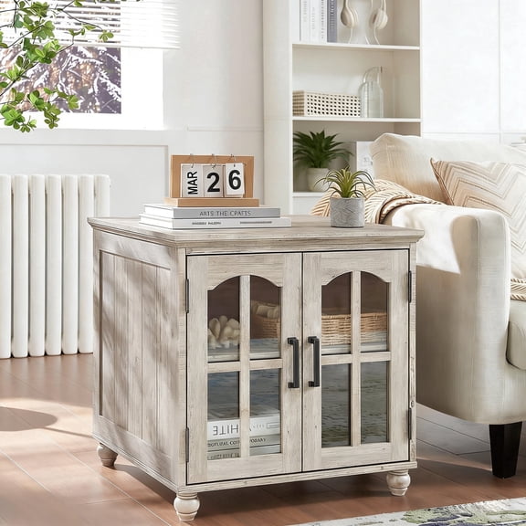 Buildhom Farmhouse End Table with Charging Station, 24" Wide Nightstand with Glass Barn Door and Adjustable Shelf for Living Room, Grey