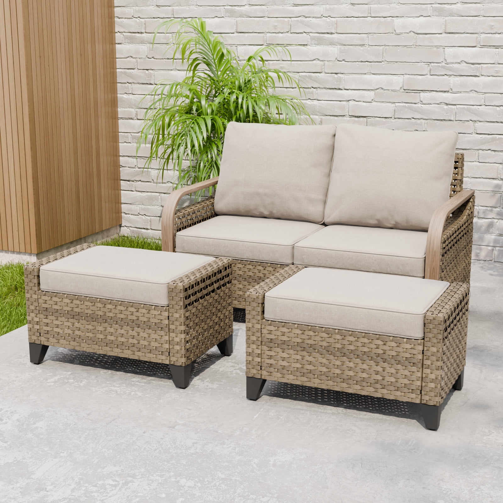 EAGLE PEAK 3 Piece Wicker Outdoor Patio Furniture Set, Patio Set with 2 Seat Loveseat Sofa, and 2 Ottomans, Brown/Beige