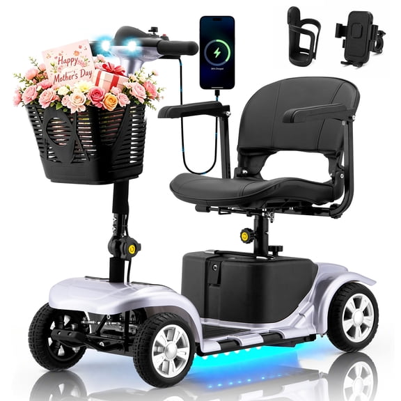 Aoemoe 4 Wheel Mobility Scooter for Seniors, Foldable Powered Mobile Wheelchair for Adult 300lbs, Silver