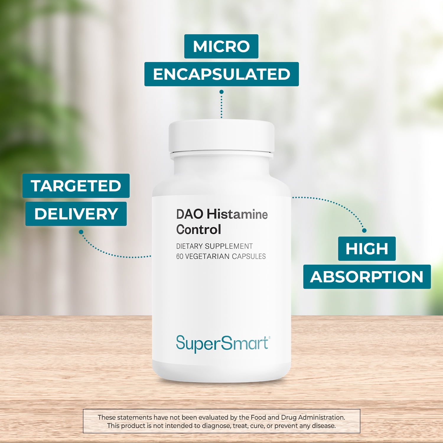 SuperSmart DAO Histamine Control (High Potency) - Micro-Encapsulated Pea Sprouts DAO Enzyme - Enhanced with Quercetin & Vitamin C - Diamine Oxidase Supplement | Vegan - 60 Vegetarian Capsules