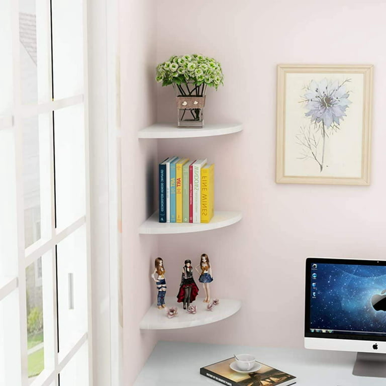 Floating Corner Shelves Set of 3, Wall Mounted Storage Shelf PVC with White  Finish for Bedroom, Living Room, Bathroom, Display Shelf for Small Plant
