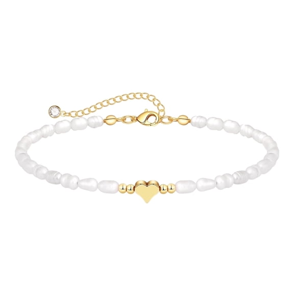 GOSFRY 14k Gold Plated Bracelet for Women Dainty Simple Simulated Pearl Heart Bracelet Everyday Jewelry Gift