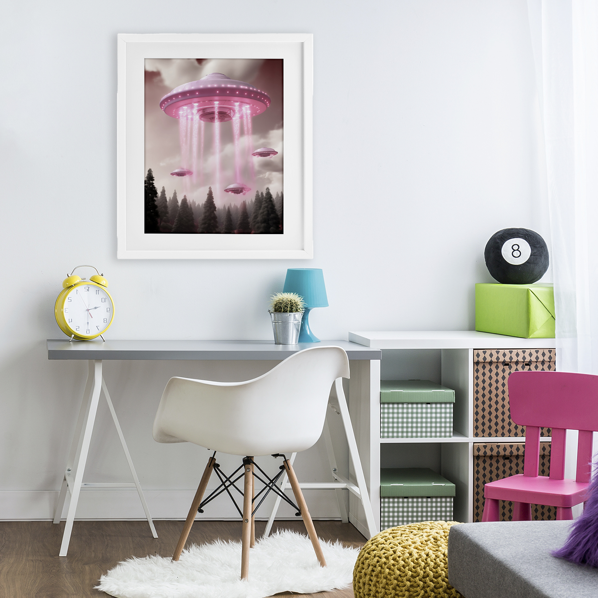Glam UFO with Pink Beams White Framed Print Under Glass, design by Sasha