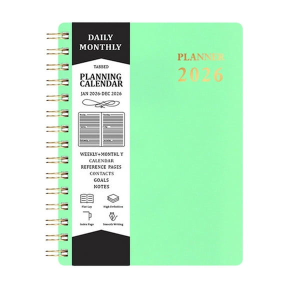 2026 Monthly Weekly Planner Coil Schedule Book for Student Modern Design Daily Planner for Home School Office (Green)