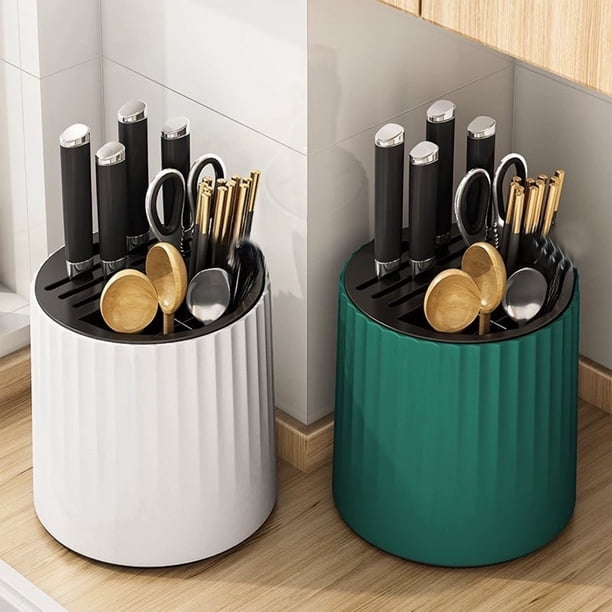 Portautensilios de cocina con estante giratorio | Estantería giratoria de 360° para cuchillos, palillos, cucharas, tablas de cortar | Organizador de polipropileno que ahorra espacio, verde/blanco