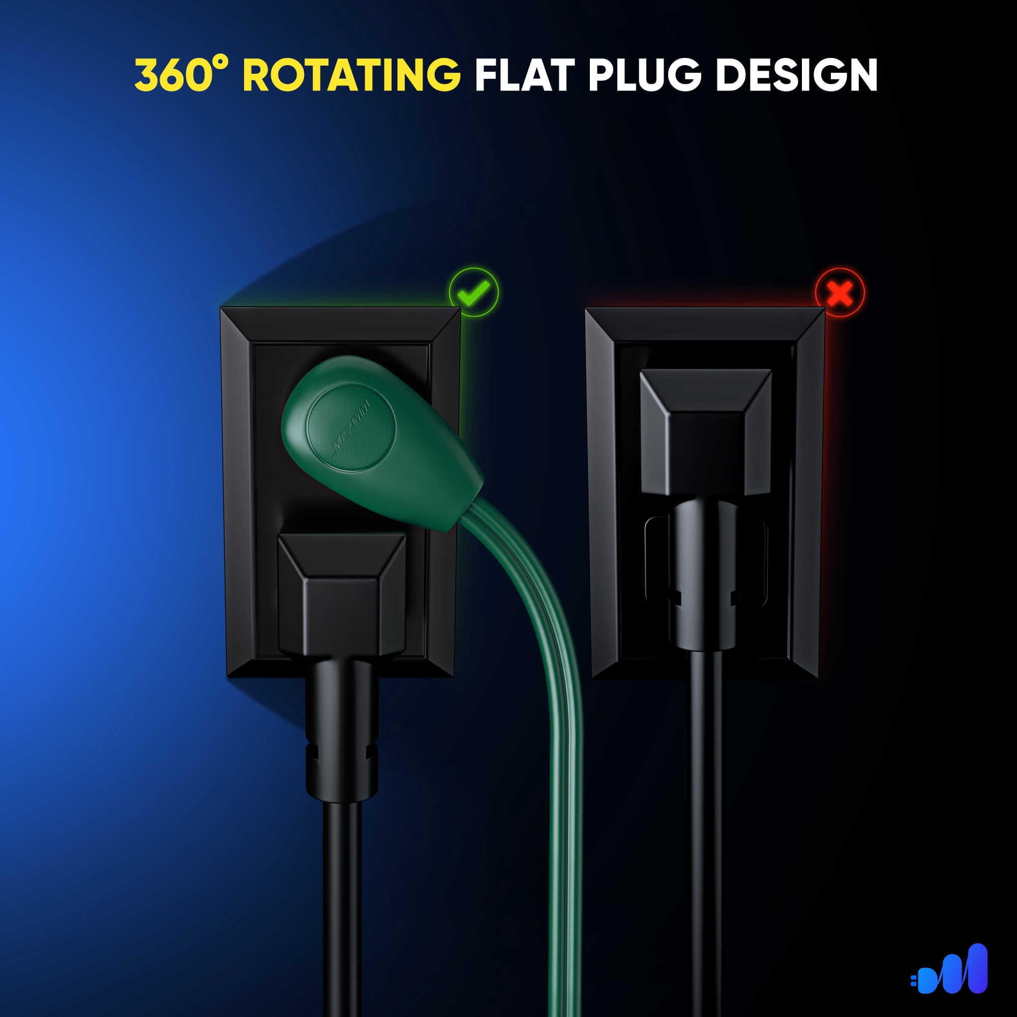 Maximm Cable 3ft 360° Rotating Flat Plug Extension Cord with on and Off Switch and Cradle (3 ft,Green), 2 Prong Multiple Outlets, Safety Cover - UL Certified