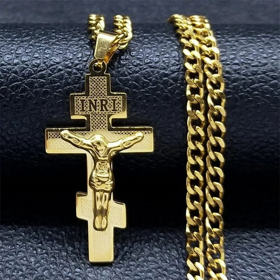 Christian Orthodox Church Cross Necklace For Women Men 14K Yellow Gold Religious Chain Jewelry Gift collares