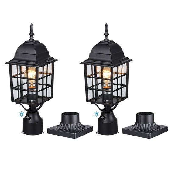 2 Pack Dusk to Dawn Matte Black Lantern Outdoor Post Light with Pier Mount