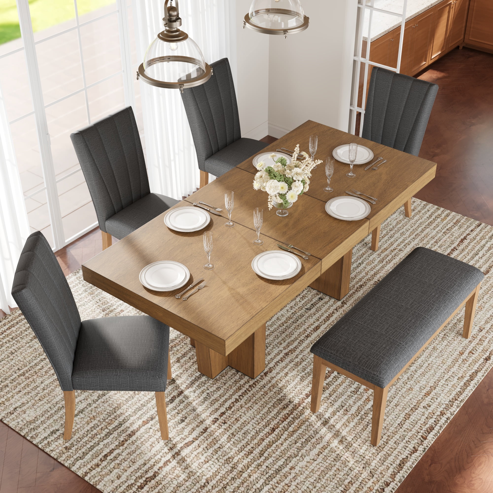6 Piece Dining Table Set for 6, 58"-76" Extendable Dining Table with Bench and 4 Upholstered Chairs