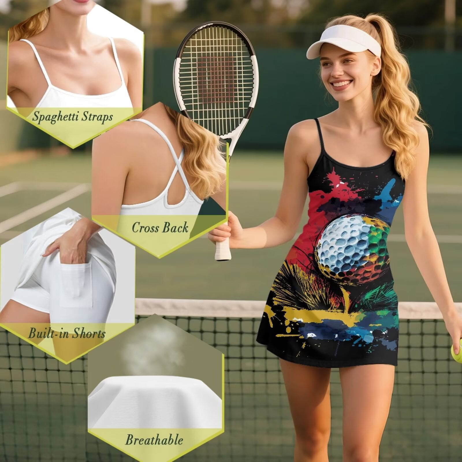 Yuyamidu Colorful Golf Ball Athletic Dress with Shorts for Women, Breathable Backless Sleeveless Tennis Golf Dress Size S, 2 Pieces