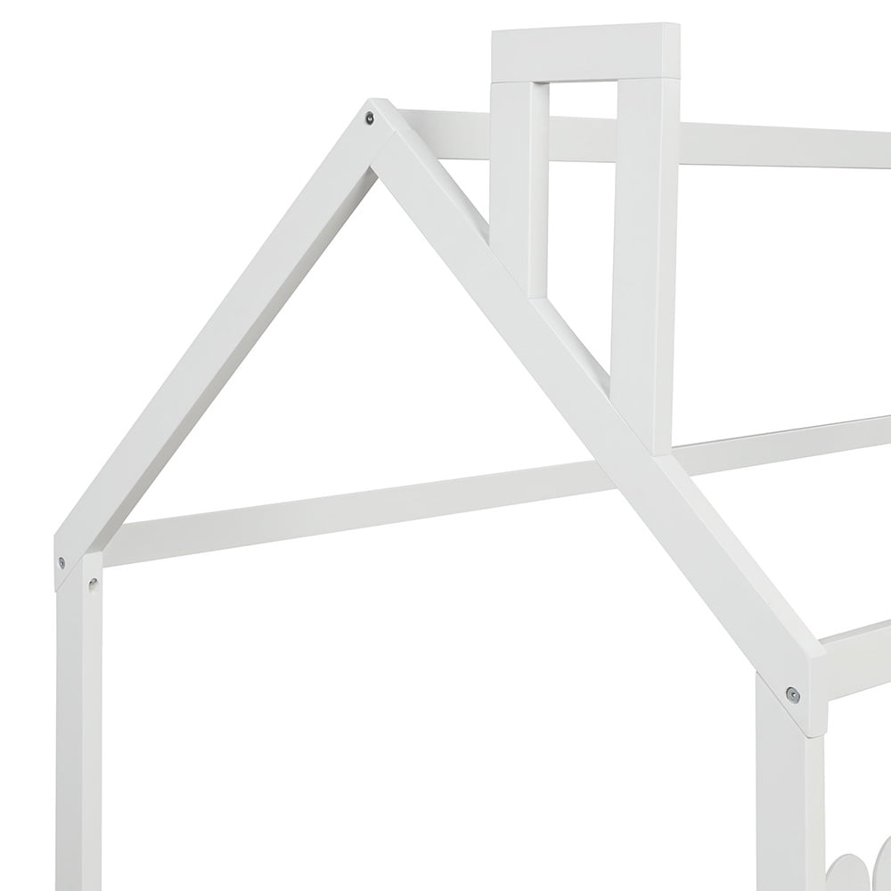 Hommoo Twin Size Wood Bed, House Bed Frame with Fence for Kids, Teens, Girls, Boys (White)