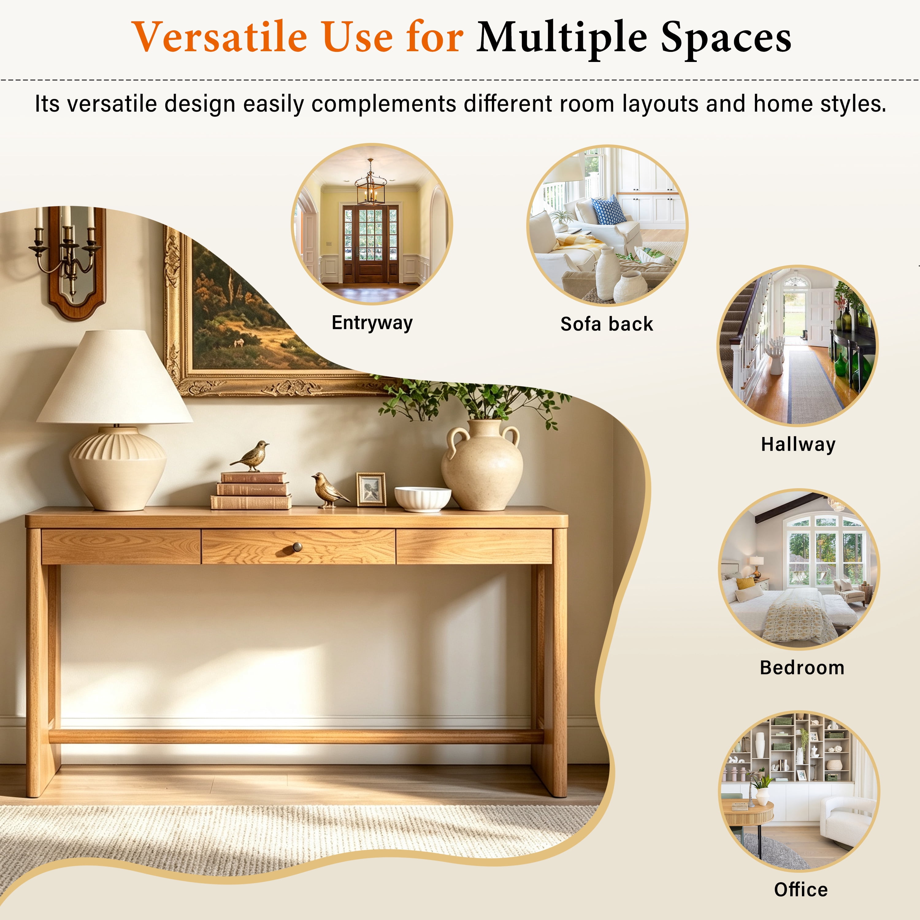 59.8" Wooden Entryway Table with Oak Veneer Retro Console Table With Drawer And Round Handle,Multi-Functional Sofa Table with oval cutout leg for Hallway, Entryway, Living Room