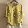 thumbnail image 2 of HAPIMO Women's Trendy Cotton Linen Loose Tops Clearance Summer for Teen Girls Short Sleeve V Neck Button Pullover Elegant Casual Ethnic Embroidery Blouses Floral Graphic Yellow XL, 2 of 6