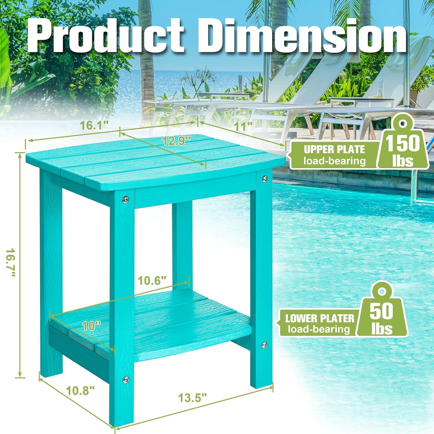 Y&M Outdoor Side Table, HDPE Patio End Table for Adirondack Chair, Weather Resistant Small Accent Table, Aruba Blue, Double Layer