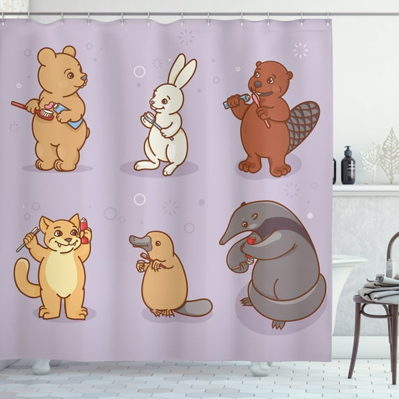 Animals Shower Curtain, Ant Eater Hare Beaver and Cat Brushing Their Teeth Hygiene Themed Nursery Cartoon, Fabric Bathroom Set with Hooks, 69W X 84L Inches Extra Long, Multicolor, by Ambesonne