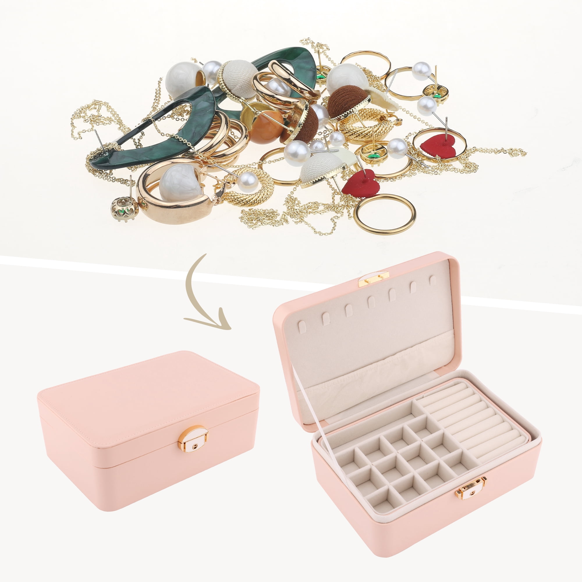 Unique Bargains 2 Layer PU Leather Jewelry Box Organizer Holder for Women Pink