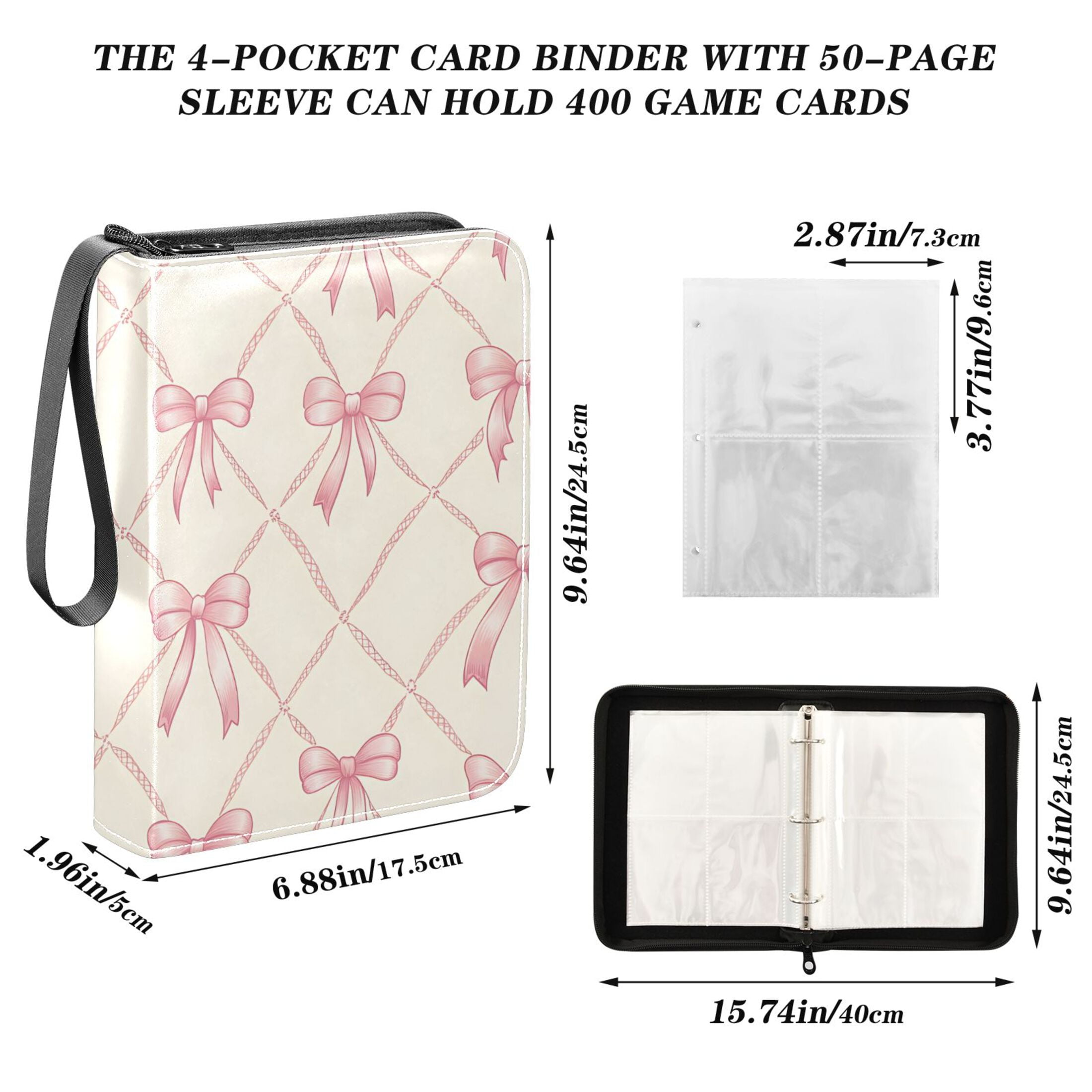 Trading Card Binder Album 400 Pockets 50 Removable 4-Pocket Pages Waterproof Pink Bow and Plaid