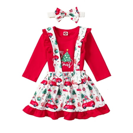 

Sunisery 3Pcs Christmas Baby Girls Outfit Round Collar Lace Long Sleeve Letter Romper + Car Printing Suspender Skirt + Headwear