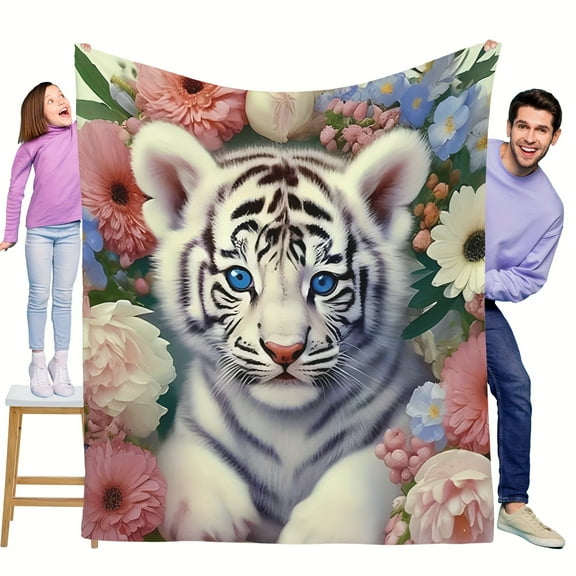 Fluffy Little White Tiger With Flowers Cute Fun Print Flannel Blanket Soft Warm Cozy Skin-friendly Blanket For Sofa Bed Car Camping Office Home Decor Gift Blanket For All Seasons-Knit Fabric