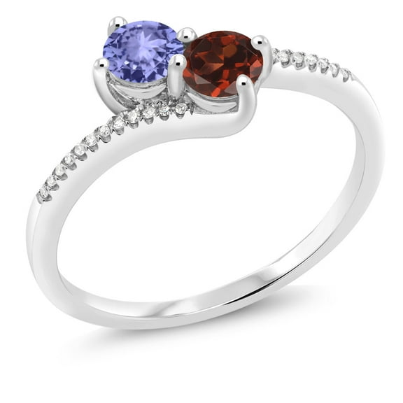 Gem Stone King 10K White Gold Forever United Two Stone Blue Tanzanite and Red Garnet and Diamond Engagement Ring for Women (0.84 Cttw, Round) (Size 6)