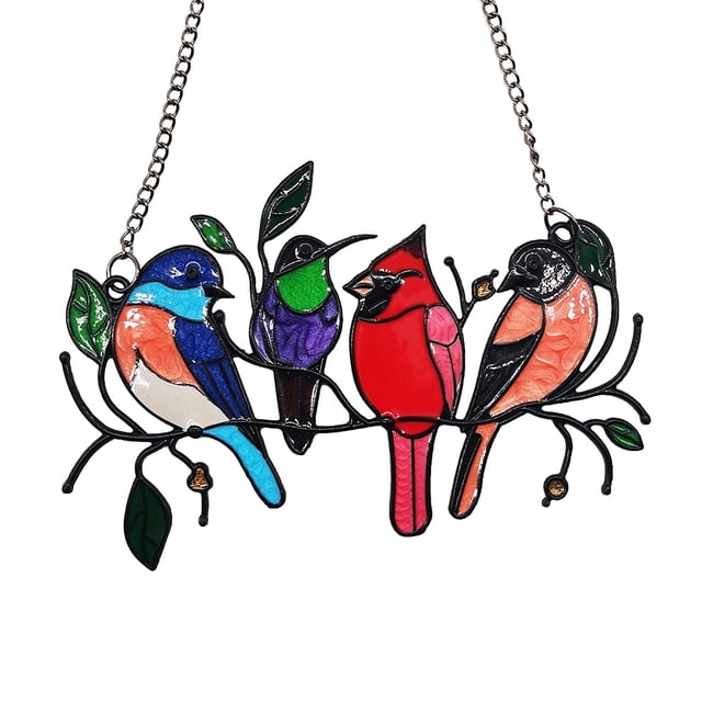 Decoración de pared de pájaros de Metal, hojas de árbol colgantes para balcón, jardín, ventana, dormitorio, adorno interior y exterior con cadena (4 pájaros) ER