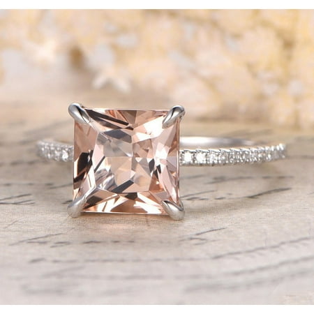 1.25 Carat Peach Pink Morganite (princess cut Morganite) and Diamond Engagement Ring in 10k White