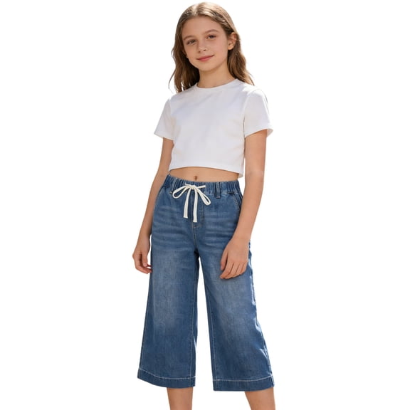 Blekii Petite Fit Cropped Wide Leg Jeans with Elastic Waist And Drawstring Casual Denim Pants Blue 130