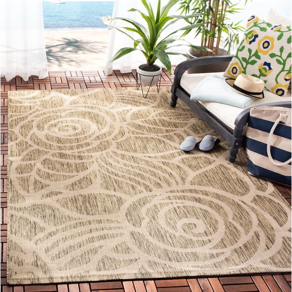 SAFAVIEH Courtyard Chester Floral Indoor/Outdoor Area Rug, 6'7" x 9'6", Coffee/Sand