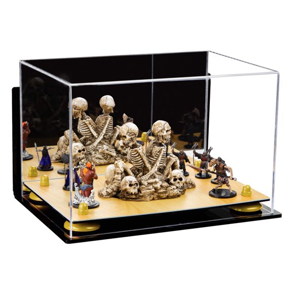 Better Display Cases Versatile Acrylic Display Case - Medium Rectangle Box with Mirror, Wall Mount, Yellow Risers and Wood Base 12" x 8.25" x 8" (A004-YR)