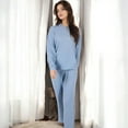 thumbnail image 5 of Women's Waffle Knit Hoodie Lounge Set with Front Pocket and Relaxed Fit Pants - Medium, Blue, 5 of 6